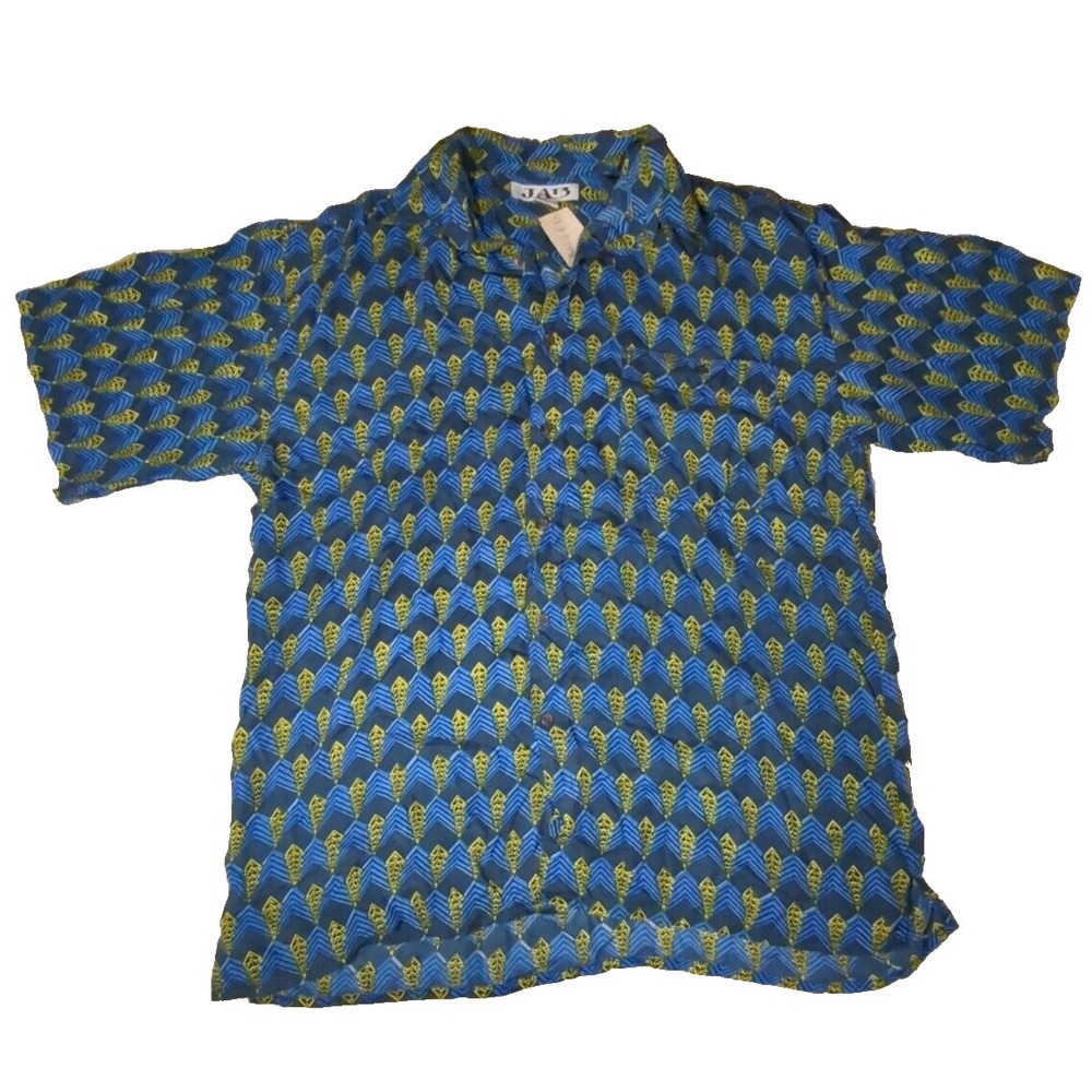JAB men's 100% silk button front shirt‎ XL blue arrows vintage Broadway Stores